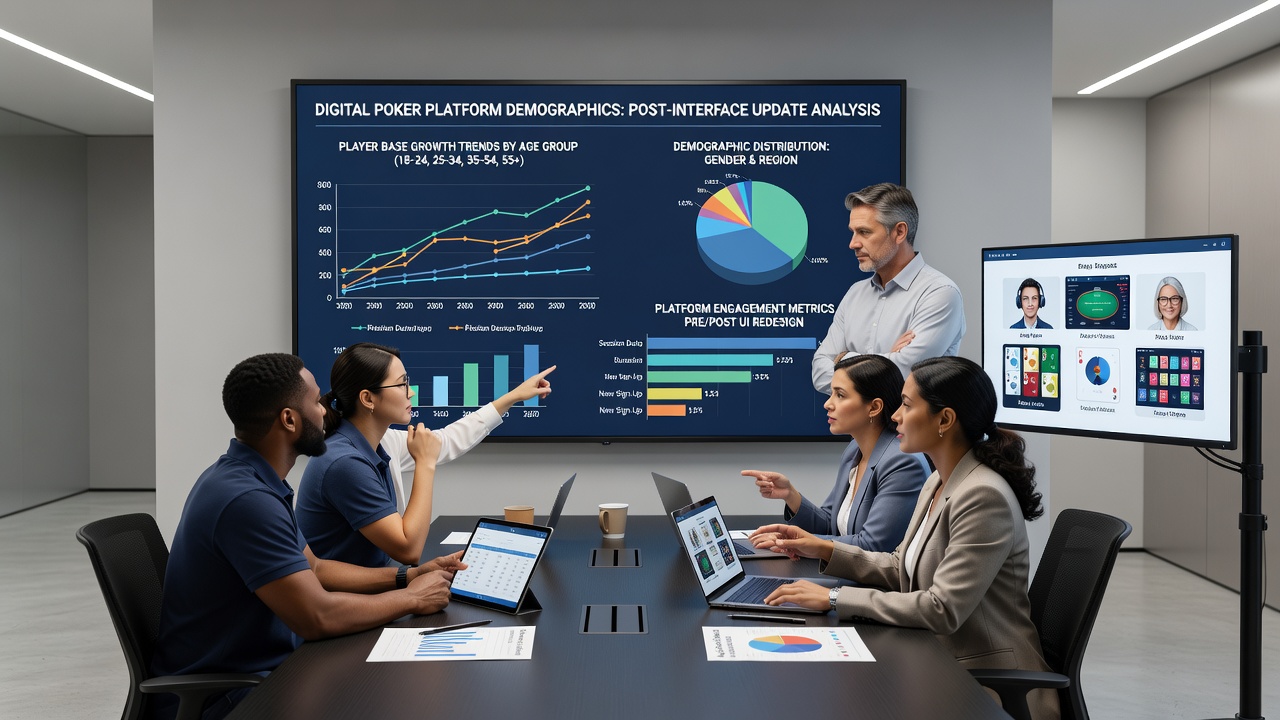 Digital poker platform interface showing player demographics and navigation updates