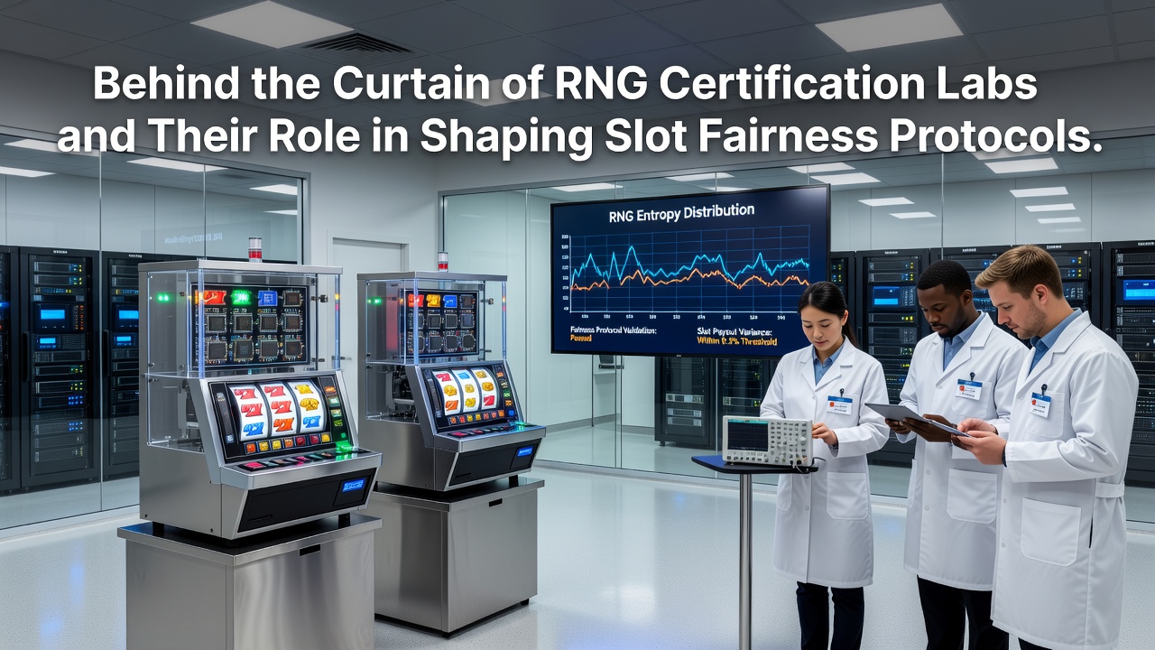 Interior view of an RNG certification laboratory with testing equipment and analysts reviewing slot machine data streams