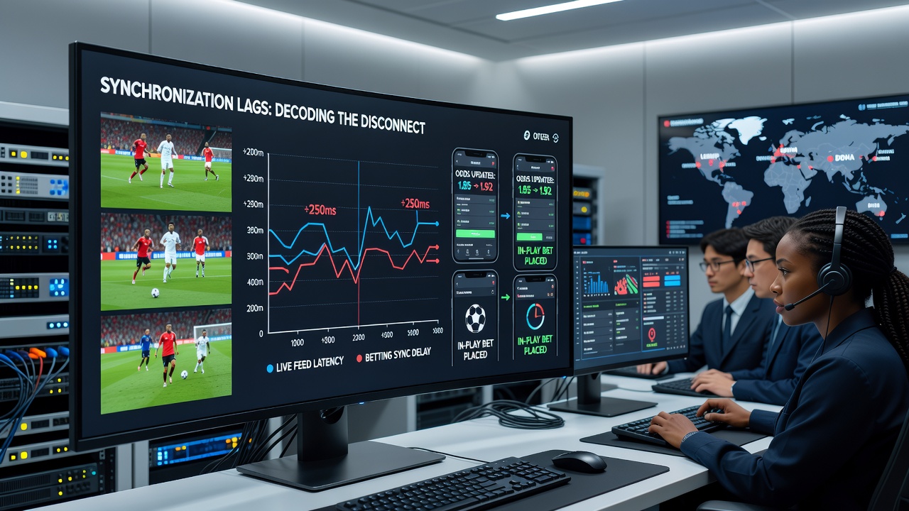Live sports event feed transmission setup with betting app interfaces showing real-time data flow
