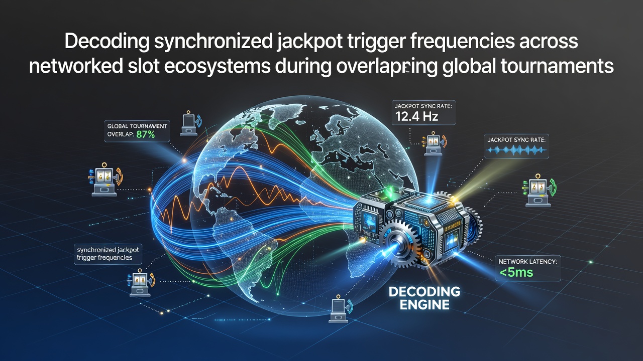 Network diagram showing interconnected slot machines across global regions with synchronized progressive jackpot meters active during overlapping tournaments