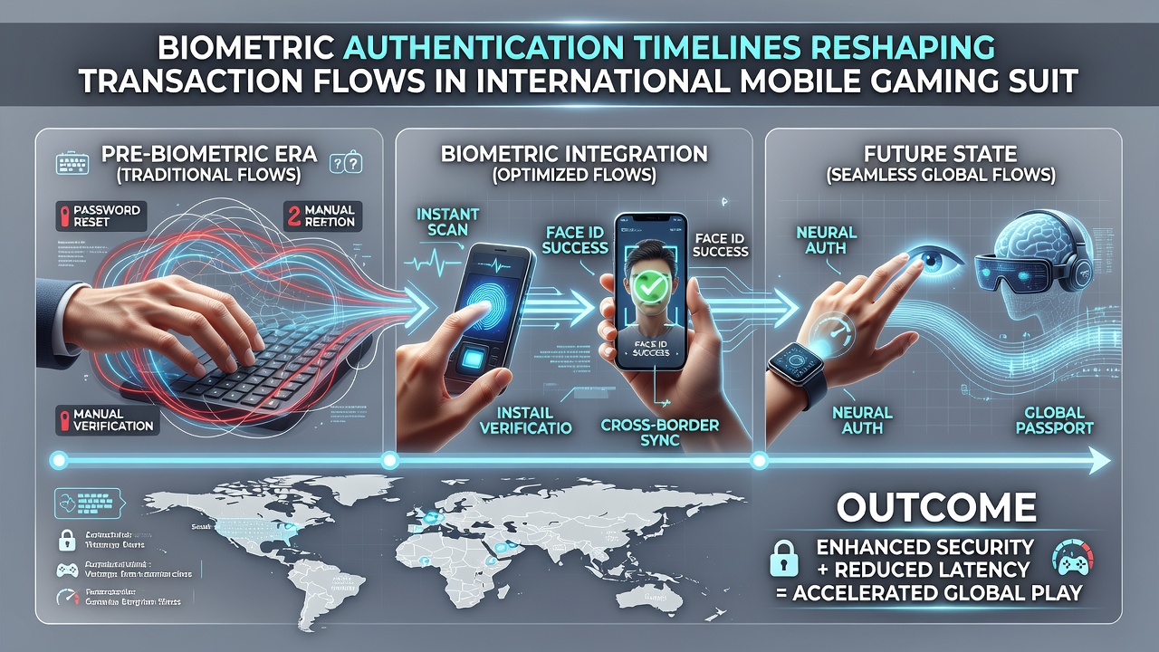Diagram illustrating transaction flow stages between biometric verification and cross-border payment gateways