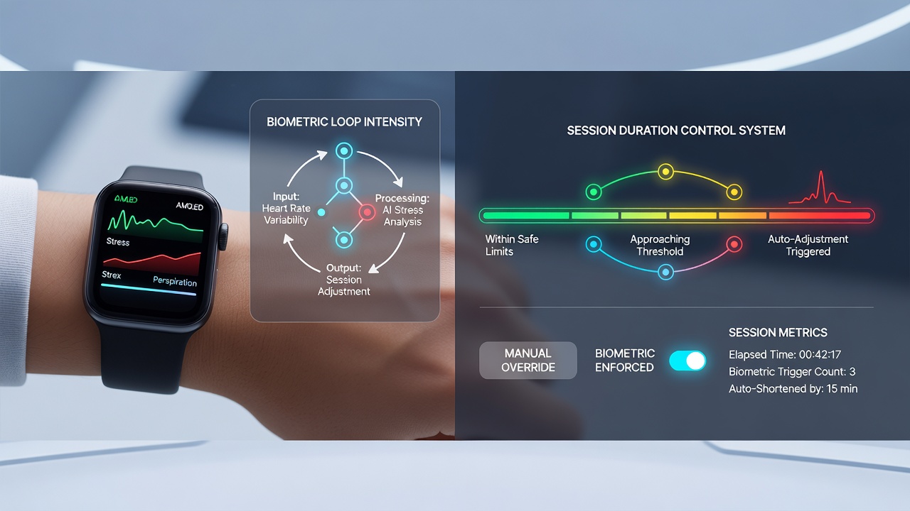 Dashboard view showing real-time biometric data influencing wagering session timeout settings in a mobile app interface