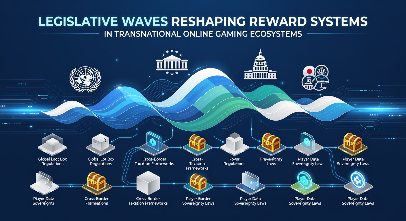 Illustration of interconnected global networks adjusting reward algorithms under new laws