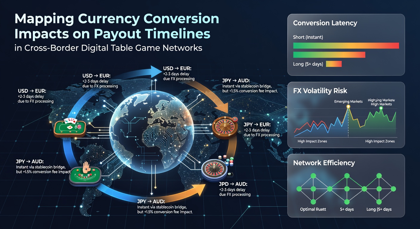 Digital interface showing currency conversion rates and payout processing timelines for international table game networks