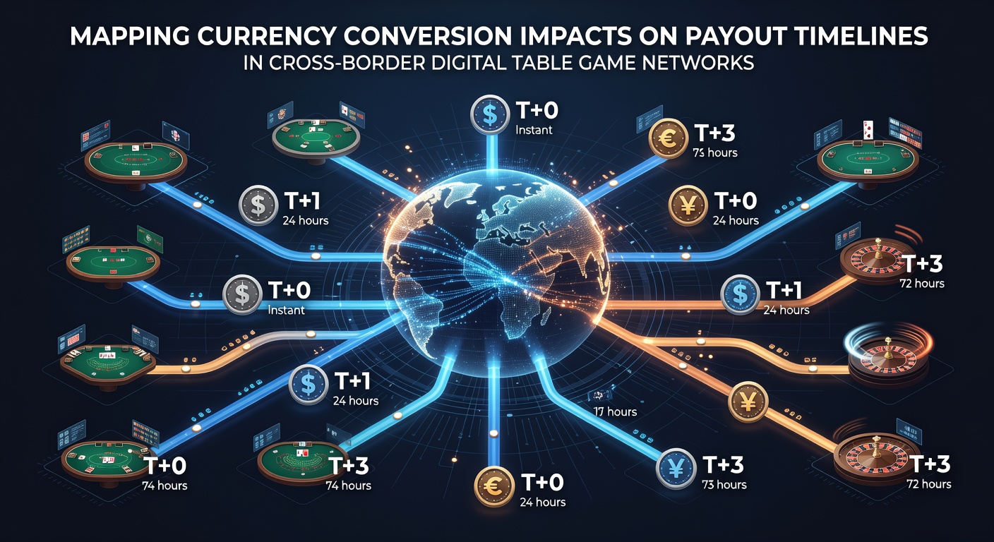 Flowchart illustrating payout processing stages across multiple currencies in online table game platforms