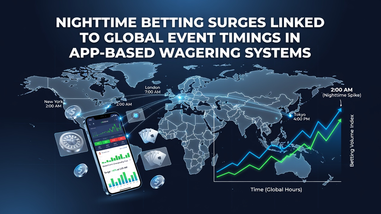 App-based wagering interface showing nighttime activity spikes during live global sports events