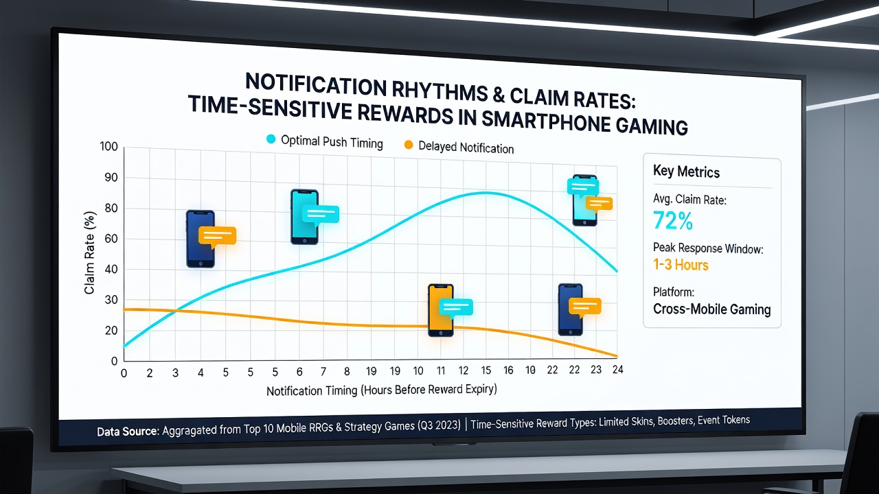Analytics dashboard showing notification timing graphs and claim rate metrics for mobile games