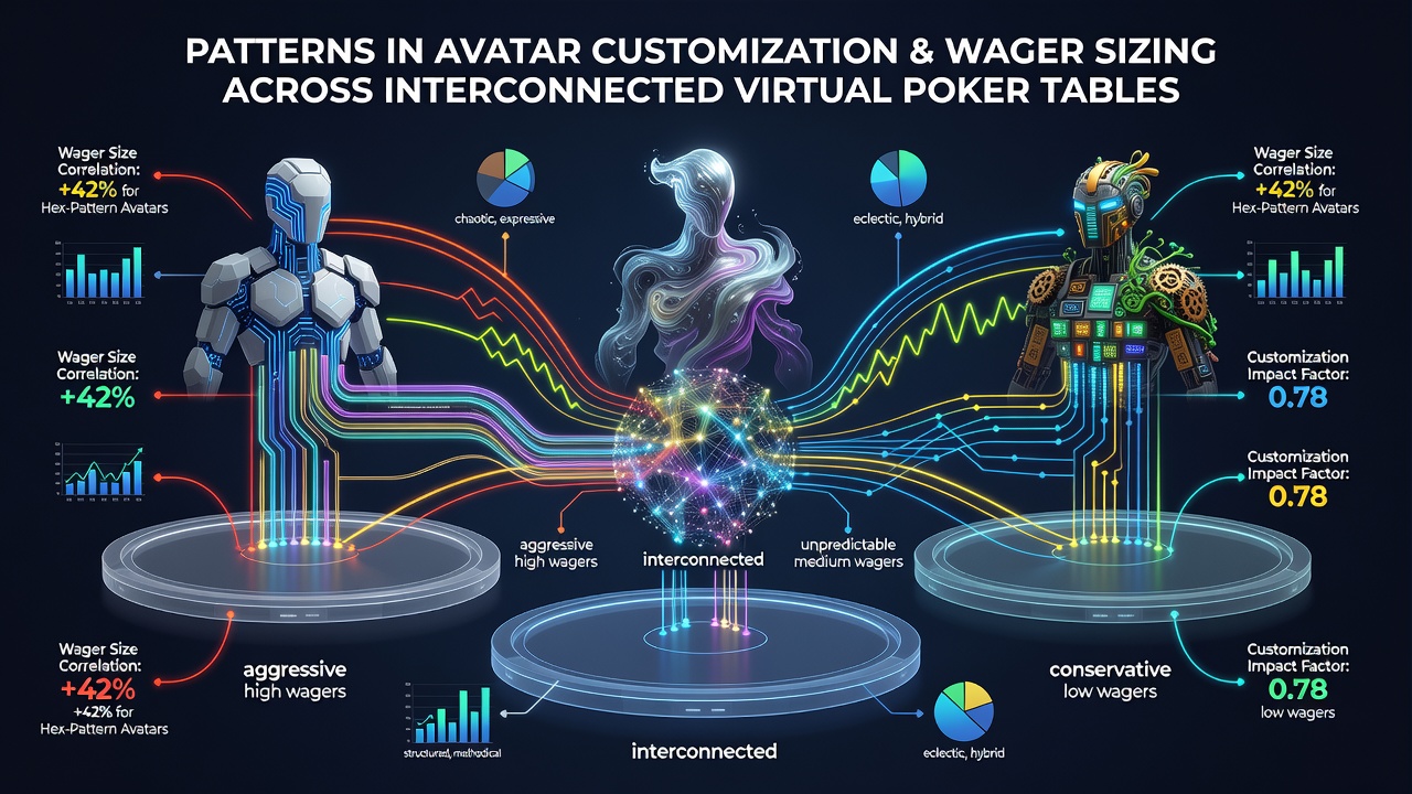 Virtual poker interface showing customized avatars seated at interconnected digital tables with visible wager indicators