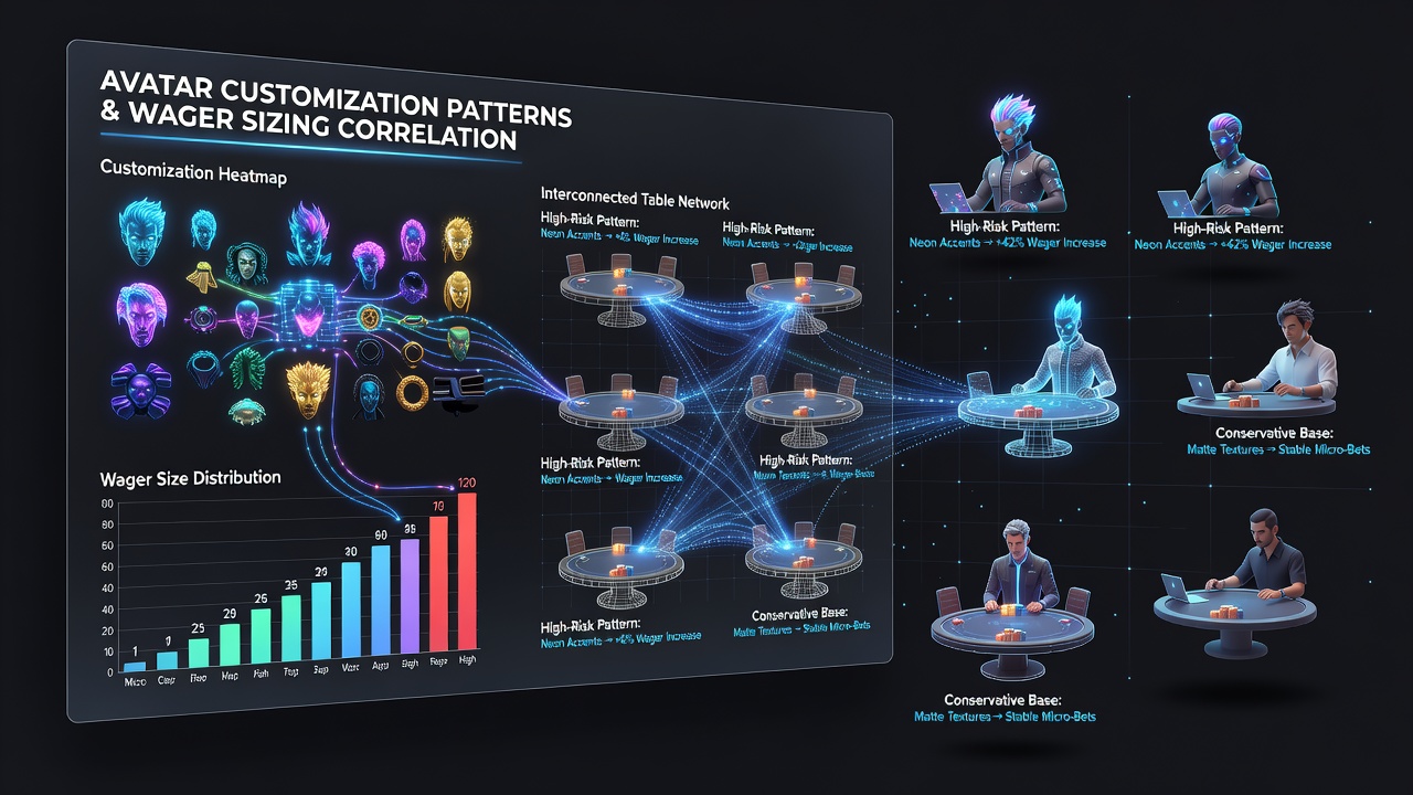 Data visualization dashboard displaying correlations between avatar customizations and wager sizes on linked virtual poker tables