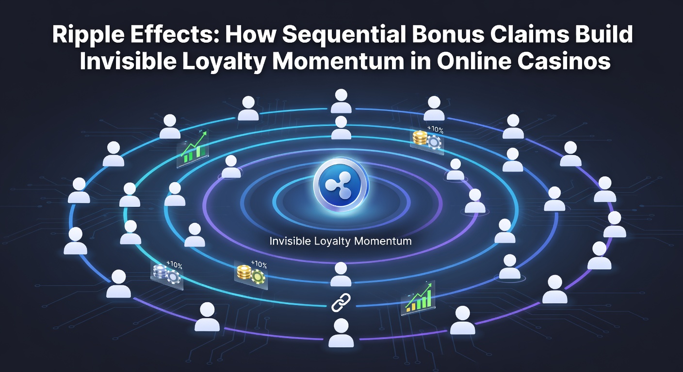 Digital illustration of cascading bonus icons forming a loyalty chain in an online casino interface, symbolizing sequential claims and building momentum