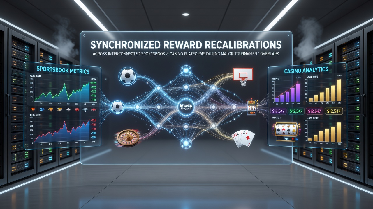 Interconnected sportsbook and casino platforms displaying synchronized reward adjustments during overlapping tournaments