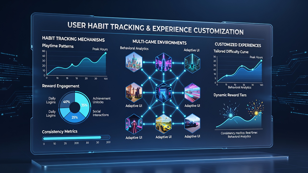 Diagram showing data flows from player actions across multiple game interfaces into centralized habit tracking systems