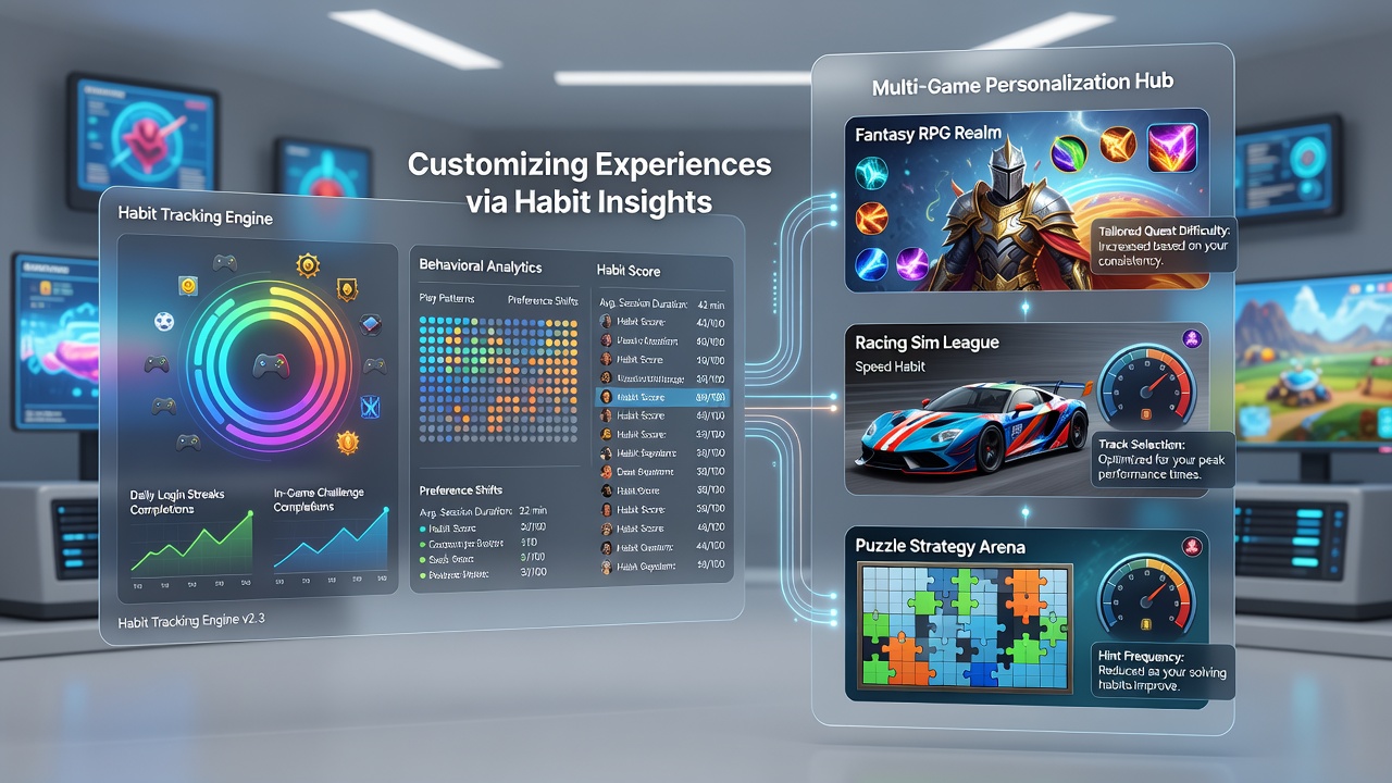 Illustration of personalized game interfaces adapting layouts and recommendations based on aggregated user habit profiles across connected platforms