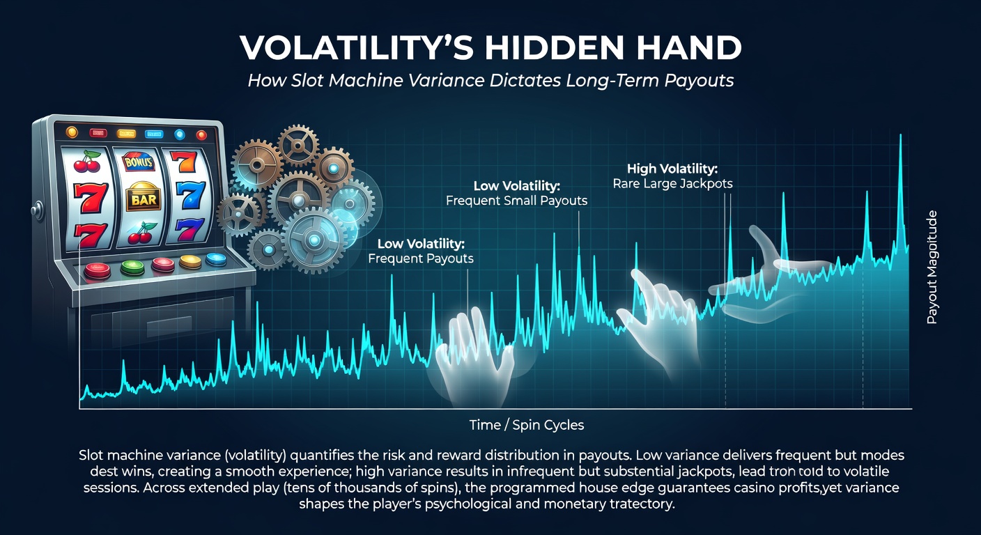 Graph depicting slot volatility curves, with low variance showing steady RTP approach and high variance featuring sharp peaks and troughs over spins