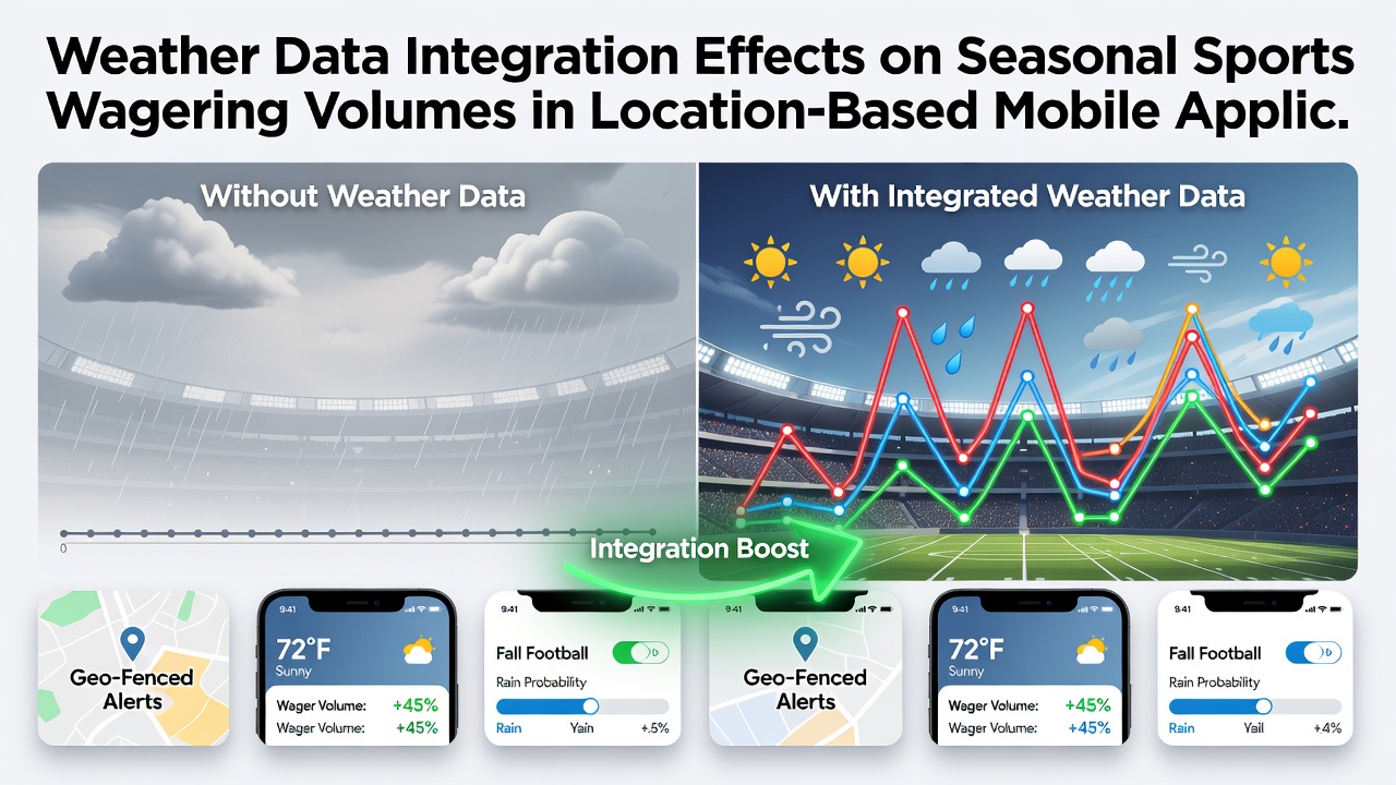 Dashboard view inside a location-based sports betting app showing real-time weather data influencing live odds for an outdoor soccer match